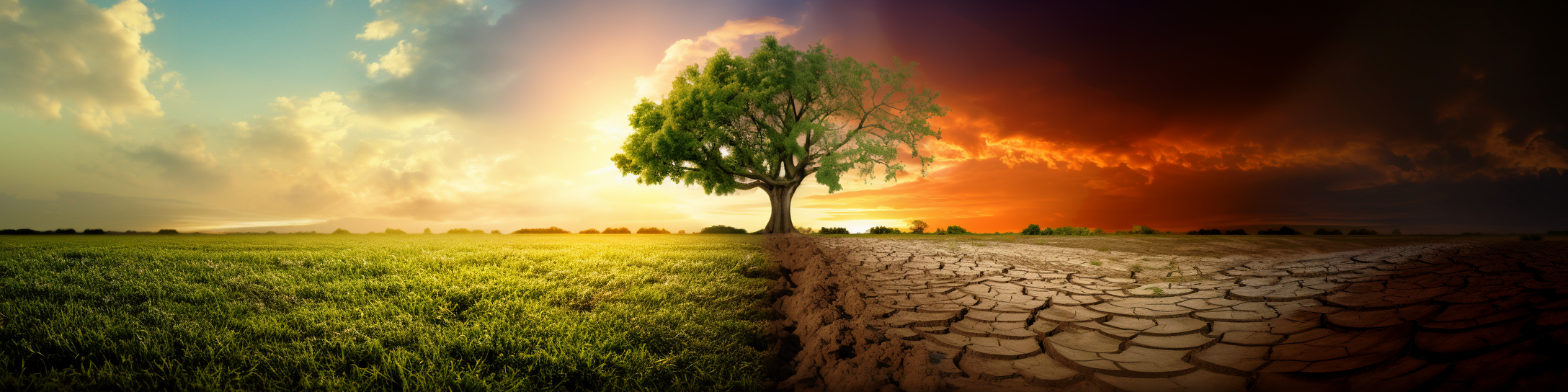 Kerronnallinen diptyykki ilmastonmuutoksen mahdollisista vaikutuksista. Kuvan keskellä kuvan kahteen osaan jakava puu. Vasemmalla puolella vehreää niittyä ja seesteistä taivasta, oikealla puolella kuivuutta ja synkkää taivasta.